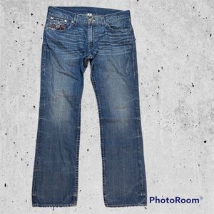 True Religion jeans red stitched pockets whiskered 36 straight mid rise blue